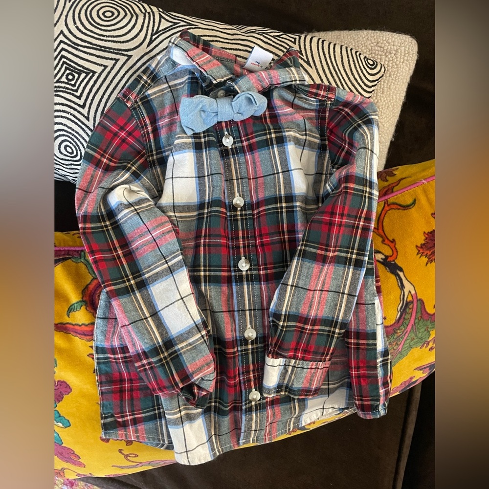 Boys old navy plaid flannel with bow tie